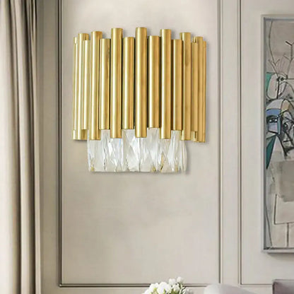 Modernist brass and clear faceted crystal wall light living room