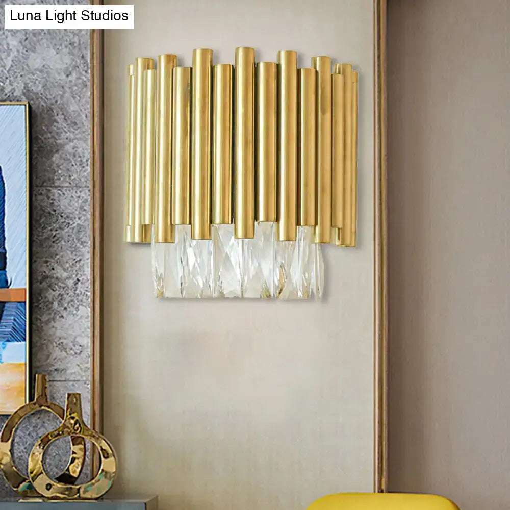Modernist brass and clear faceted crystal wall light living room
