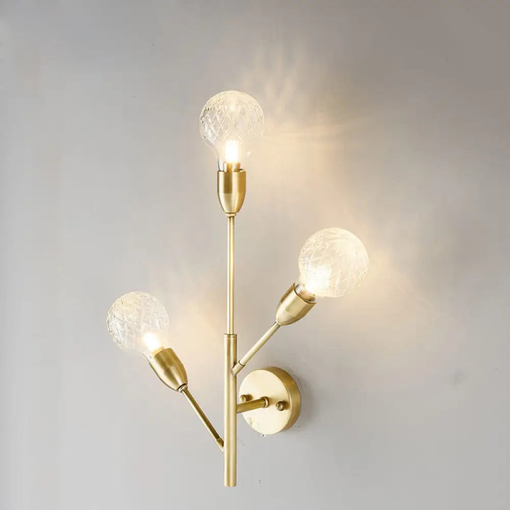 DecorBites™ Modernist Brass Armed Sconce Lamp Wall Mount Light Fixure with Prismatic Glass Ball Shade - 3 Bulbs