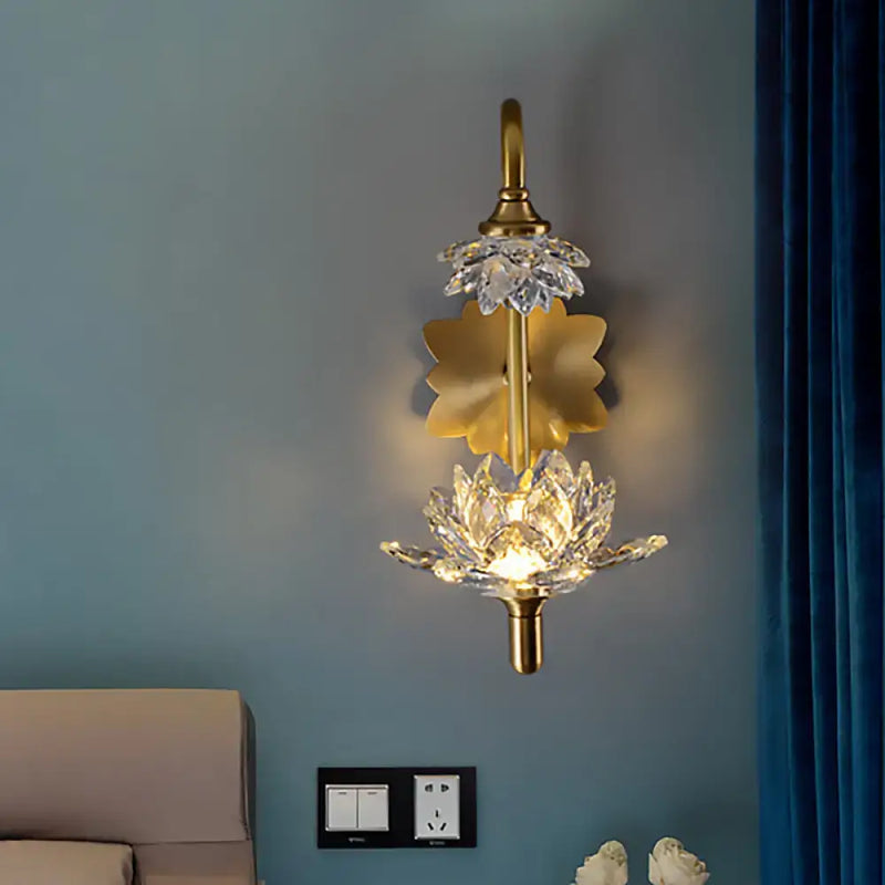 Modernist brass finish crystal shade wall sconce bedroom lotus light