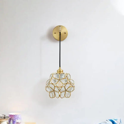 Modernist brass floral glass bulb bedside sconce light pink & clear