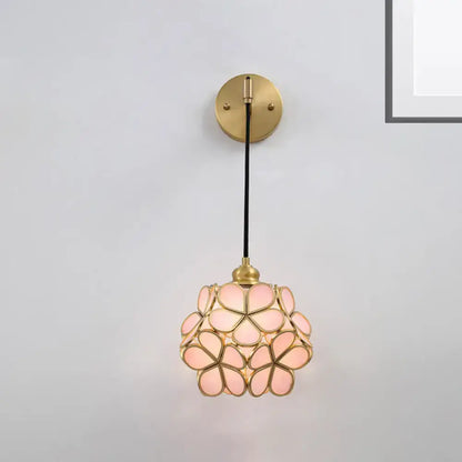 Modernist brass floral glass bulb bedside sconce light pink & clear