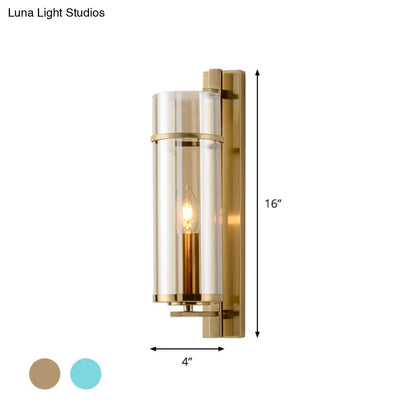 DecorBites™ Modernist Brass Wall Lamp with Tubular Cognac/Water Blue Glass Shade - Bedroom Sconce Light Fixture