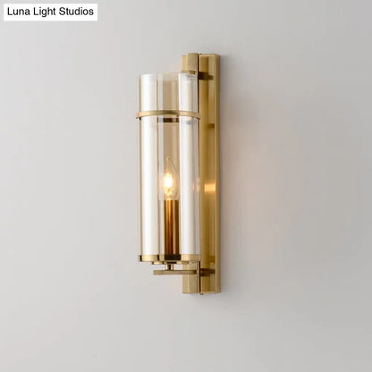 DecorBites™ Modernist Brass Wall Lamp with Tubular Cognac/Water Blue Glass Shade - Bedroom Sconce Light Fixture