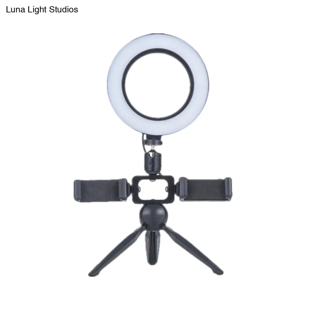 DecorBites™ Modernist Circle Makeup Lamp: Metal Mobile Phone Support with LED Tripod Fill Lighting (Black)