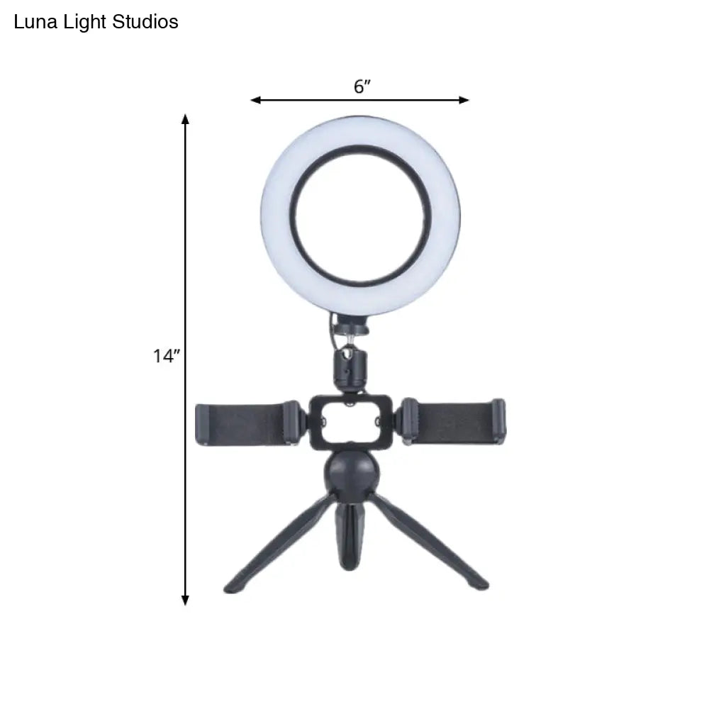 DecorBites™ Modernist Circle Makeup Lamp: Metal Mobile Phone Support with LED Tripod Fill Lighting (Black)