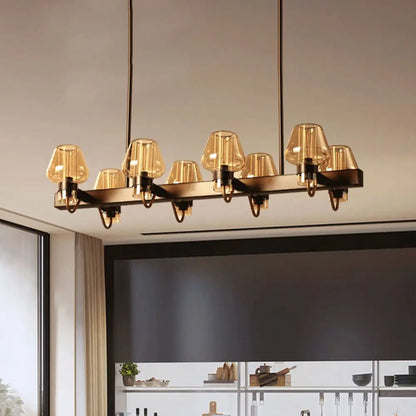 DecorBites™ Modernist Clear/Amber/Smoke Glass Pendant Lamp with Linear Design - Cone Island Lighting (6/8 Lights, Black/Brass Ceiling)