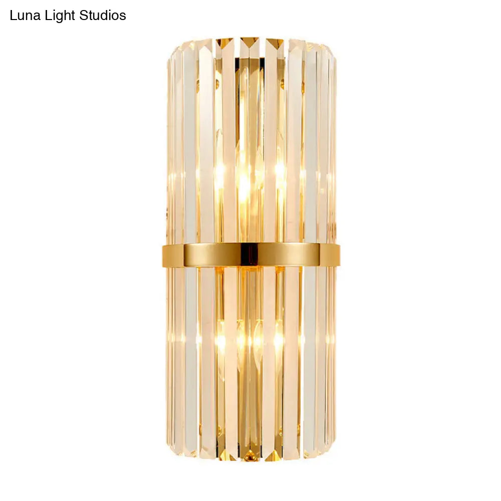 DecorBites™ Modernist Clear Crystal Cylinder Wall Lighting Fixture - 2 Lights Golden Sconce Lamp (18"/21.5" Height) for Living Room