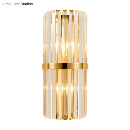 DecorBites™ Modernist Clear Crystal Cylinder Wall Lighting Fixture - 2 Lights Golden Sconce Lamp (18"/21.5" Height) for Living Room