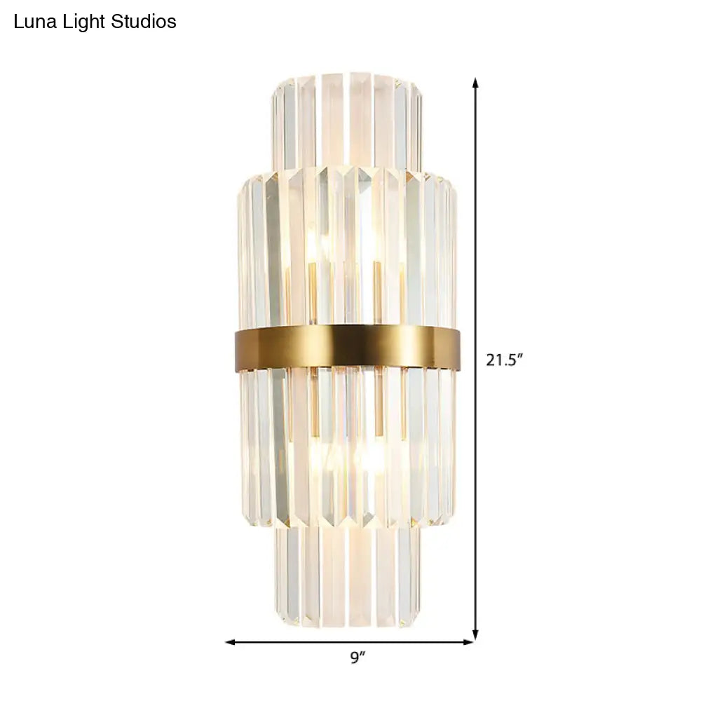 DecorBites™ Modernist Clear Crystal Cylinder Wall Lighting Fixture - 2 Lights Golden Sconce Lamp (18"/21.5" Height) for Living Room