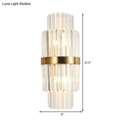 DecorBites™ Modernist Clear Crystal Cylinder Wall Lighting Fixture - 2 Lights Golden Sconce Lamp (18"/21.5" Height) for Living Room
