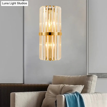 DecorBites™ Modernist Clear Crystal Cylinder Wall Lighting Fixture - 2 Lights Golden Sconce Lamp (18"/21.5" Height) for Living Room