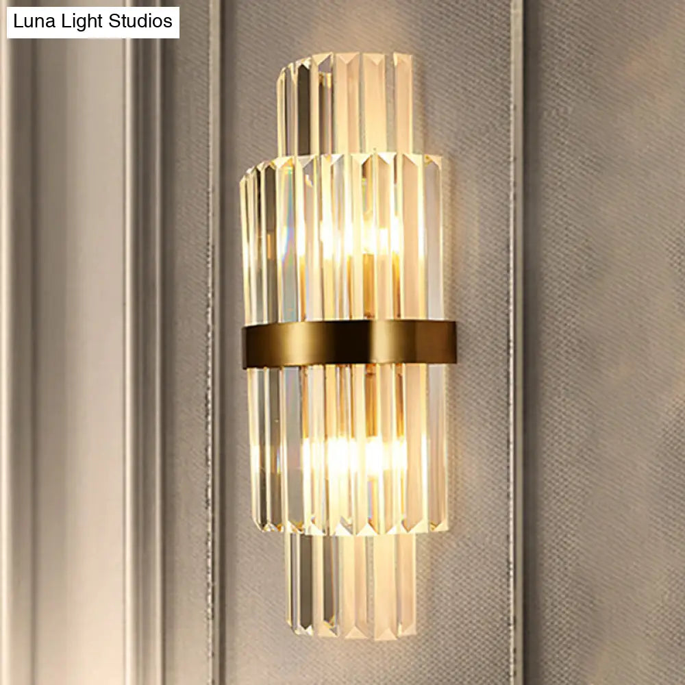 DecorBites™ Modernist Clear Crystal Cylinder Wall Lighting Fixture - 2 Lights Golden Sconce Lamp (18"/21.5" Height) for Living Room