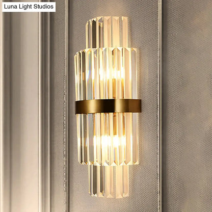 DecorBites™ Modernist Clear Crystal Cylinder Wall Lighting Fixture - 2 Lights Golden Sconce Lamp (18"/21.5" Height) for Living Room