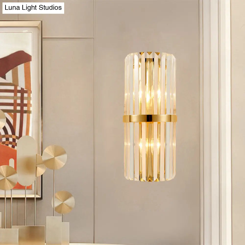 DecorBites™ Modernist Clear Crystal Cylinder Wall Lighting Fixture - 2 Lights Golden Sconce Lamp (18"/21.5" Height) for Living Room