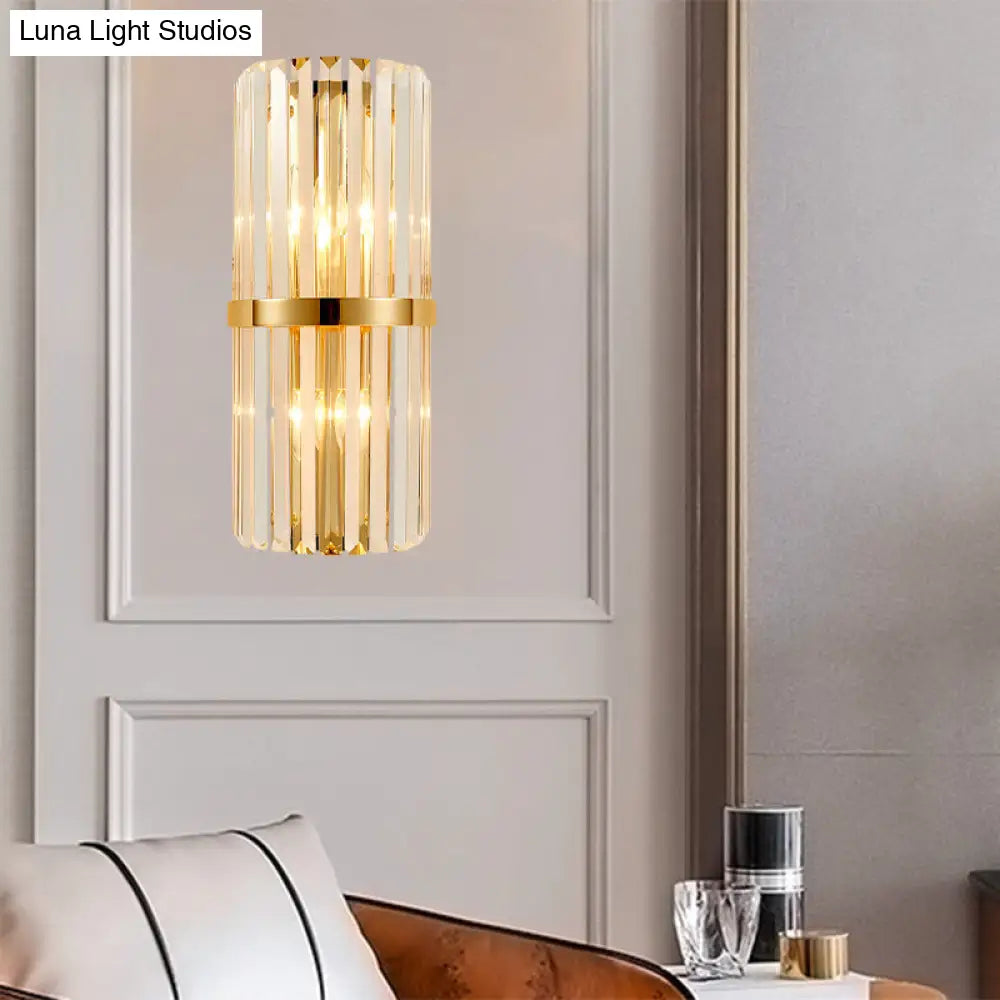 DecorBites™ Modernist Clear Crystal Cylinder Wall Lighting Fixture - 2 Lights Golden Sconce Lamp (18"/21.5" Height) for Living Room