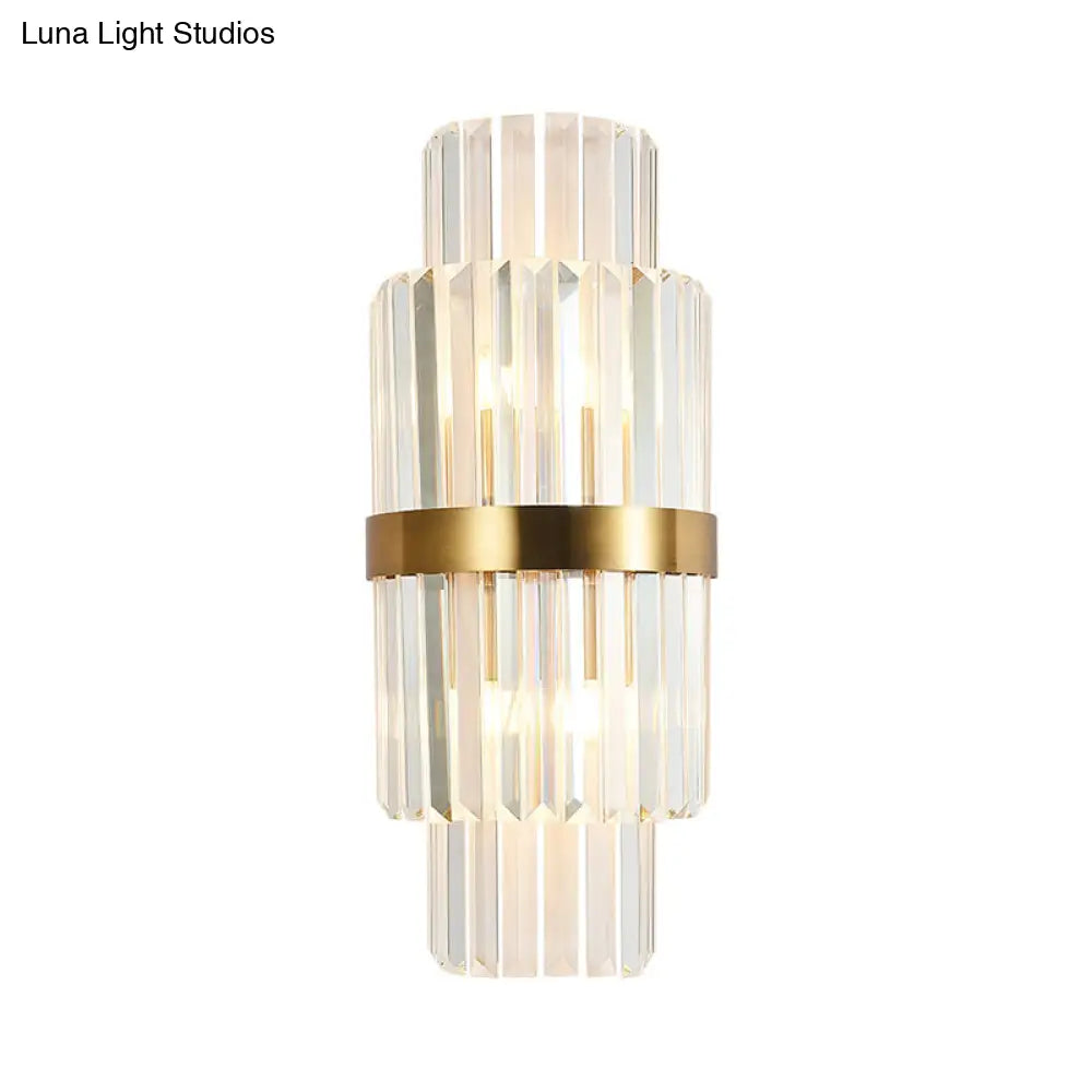 DecorBites™ Modernist Clear Crystal Cylinder Wall Lighting Fixture - 2 Lights Golden Sconce Lamp (18"/21.5" Height) for Living Room