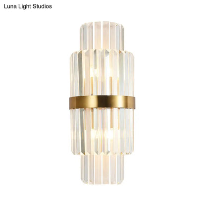 DecorBites™ Modernist Clear Crystal Cylinder Wall Lighting Fixture - 2 Lights Golden Sconce Lamp (18"/21.5" Height) for Living Room