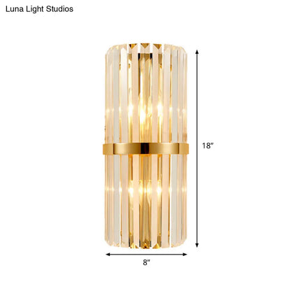 DecorBites™ Modernist Clear Crystal Cylinder Wall Lighting Fixture - 2 Lights Golden Sconce Lamp (18"/21.5" Height) for Living Room