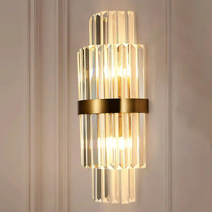 DecorBites™ Modernist Clear Crystal Cylinder Wall Lighting Fixture - 2 Lights Golden Sconce Lamp (18"/21.5" Height) for Living Room