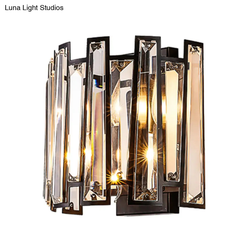 DecorBites™ Modernist Clear Crystal Drum Wall Sconce - 2 Lights, Black Finish - Ideal for Corridors