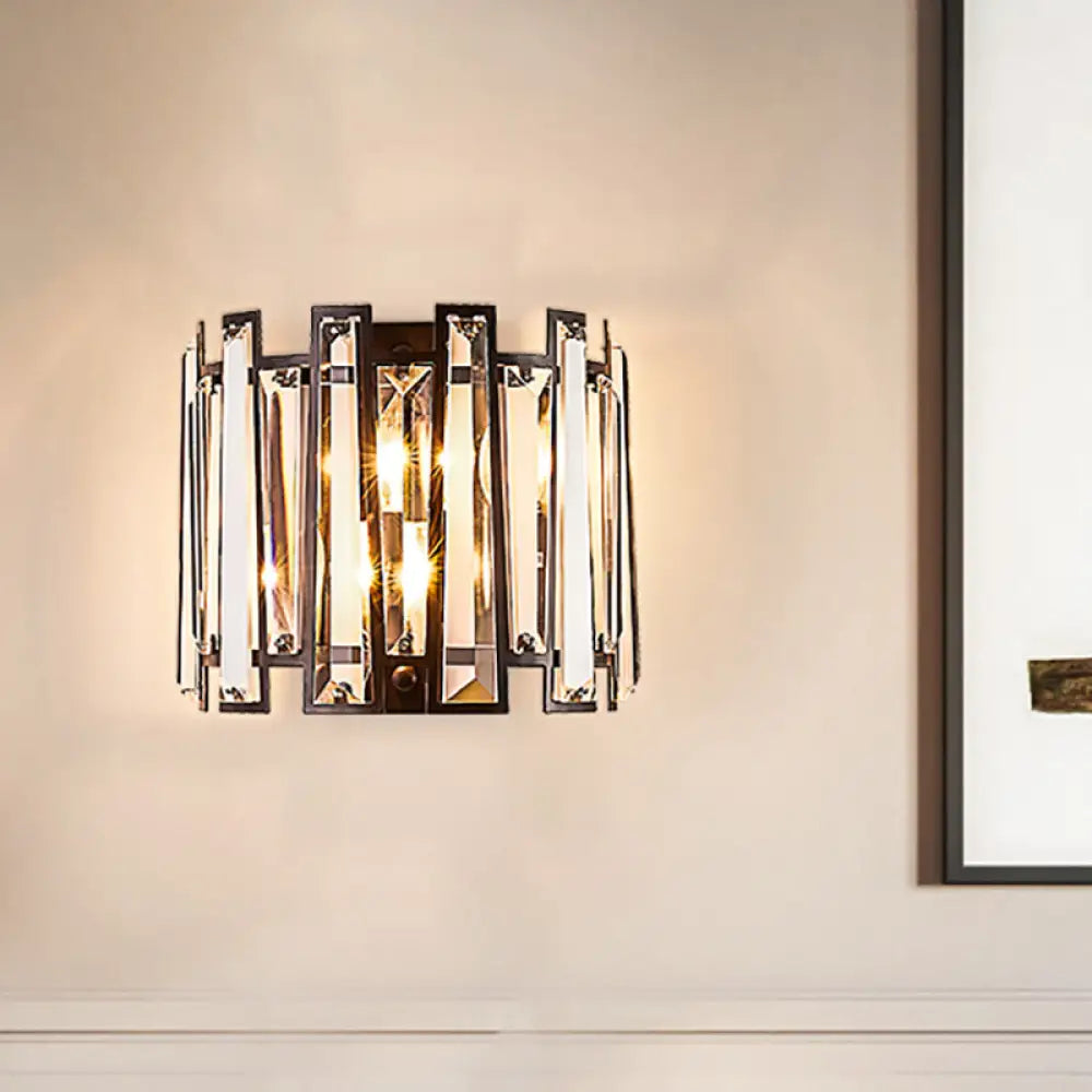 DecorBites™ Modernist Clear Crystal Drum Wall Sconce - 2 Lights, Black Finish - Ideal for Corridors