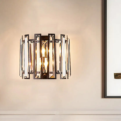 DecorBites™ Modernist Clear Crystal Drum Wall Sconce - 2 Lights, Black Finish - Ideal for Corridors