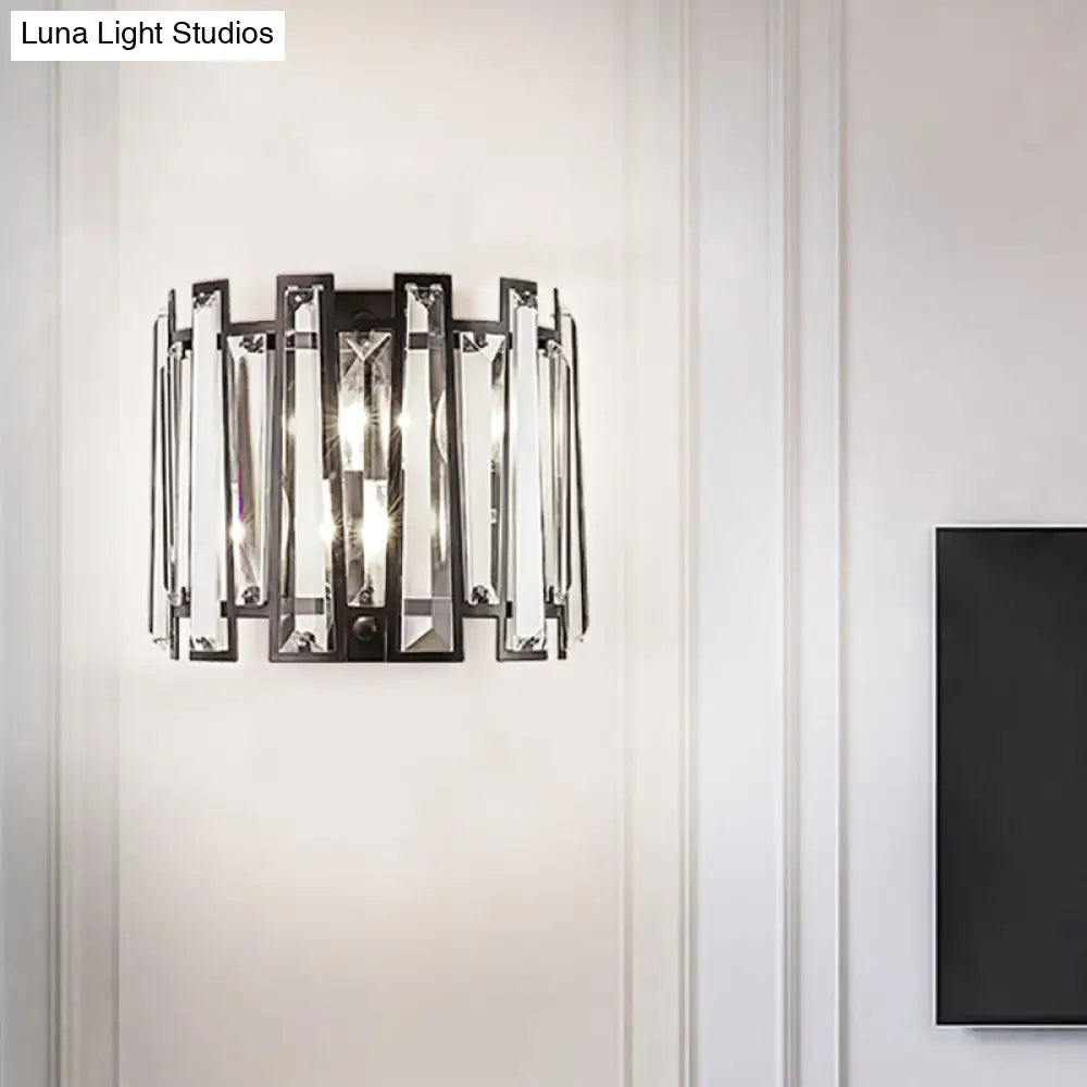 DecorBites™ Modernist Clear Crystal Drum Wall Sconce - 2 Lights, Black Finish - Ideal for Corridors