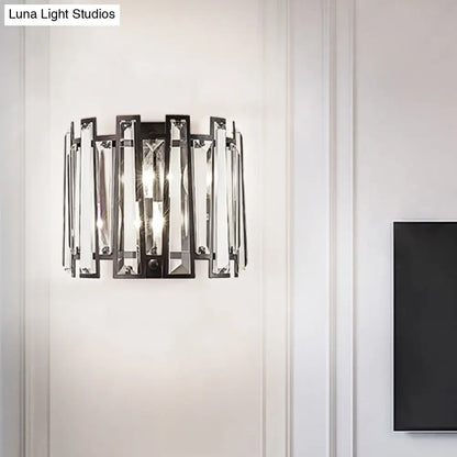 DecorBites™ Modernist Clear Crystal Drum Wall Sconce - 2 Lights, Black Finish - Ideal for Corridors