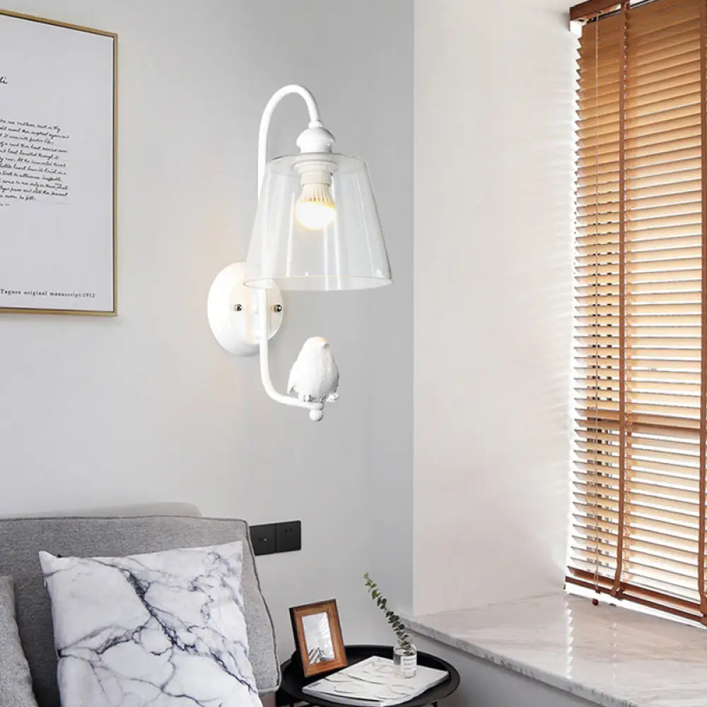 DecorBites™ Modernist Clear Glass Cone Wall Lamp - 1 Light White/Black Flush Mount Sconce with White Bird
