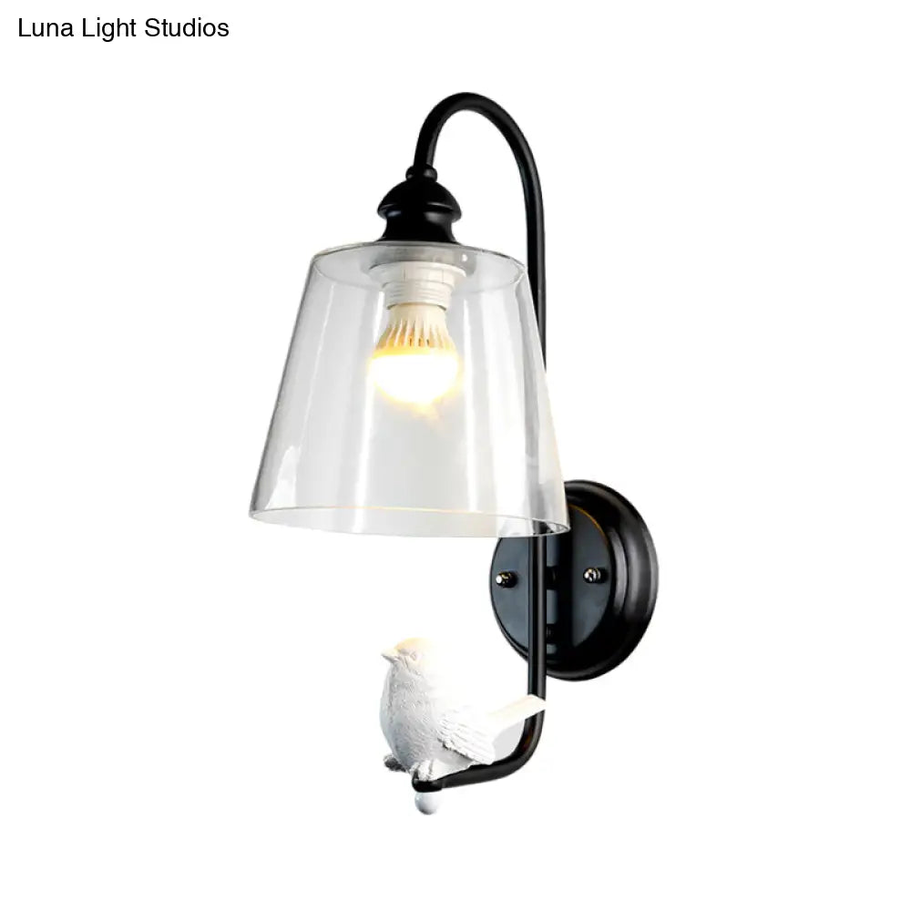 DecorBites™ Modernist Clear Glass Cone Wall Lamp - 1 Light White/Black Flush Mount Sconce with White Bird