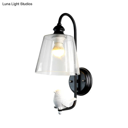 DecorBites™ Modernist Clear Glass Cone Wall Lamp - 1 Light White/Black Flush Mount Sconce with White Bird