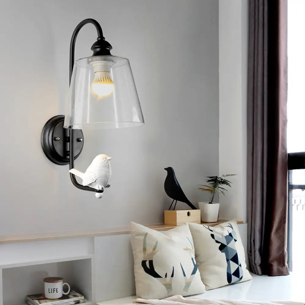DecorBites™ Modernist Clear Glass Cone Wall Lamp - 1 Light White/Black Flush Mount Sconce with White Bird