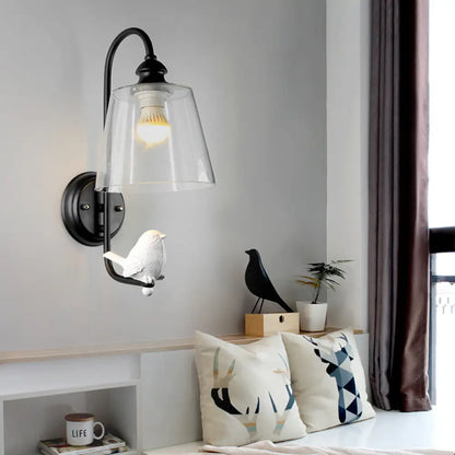 DecorBites™ Modernist Clear Glass Cone Wall Lamp - 1 Light White/Black Flush Mount Sconce with White Bird