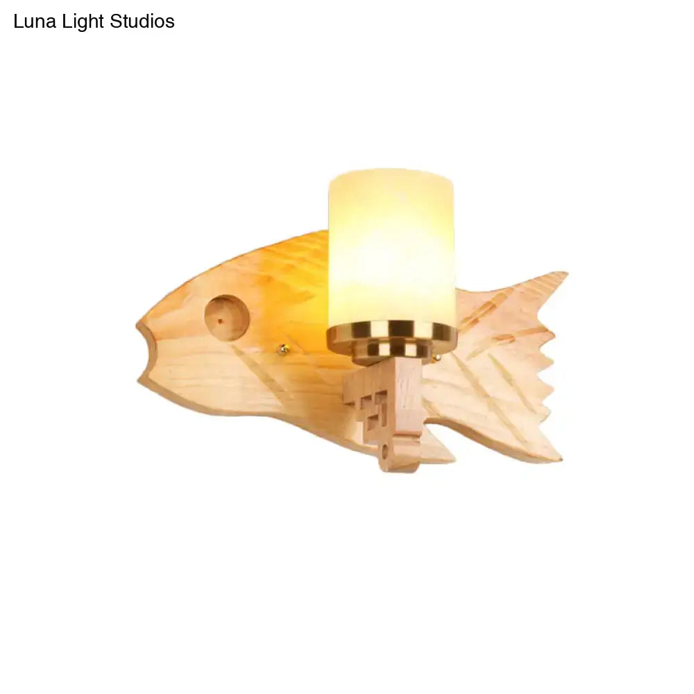 Modernist fish wood backplate cracked glass bedroom wall sconce