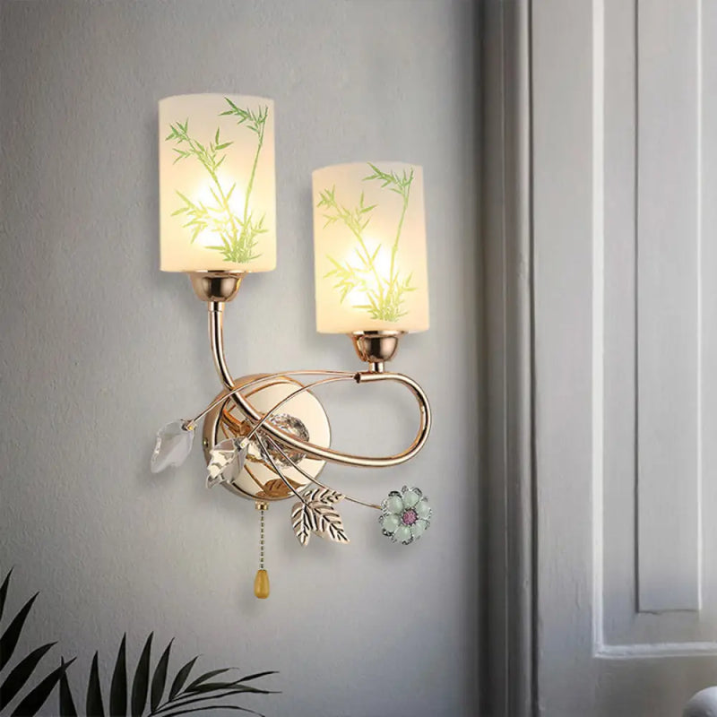 DecorBites™ Modernist Glass Cylinder Sconce with 2 Lights and Gold Pull Chain - Wall Mounted Lamp