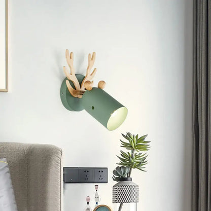 Modernist green and wood antler cylinder shape sconce bedroom light