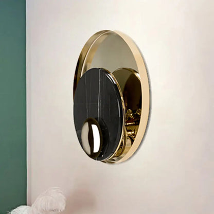 DecorBites™ Modernist LED Sconce Lighting: Round Marble, White/Black Wall Lamp with Gold Metal Backplate