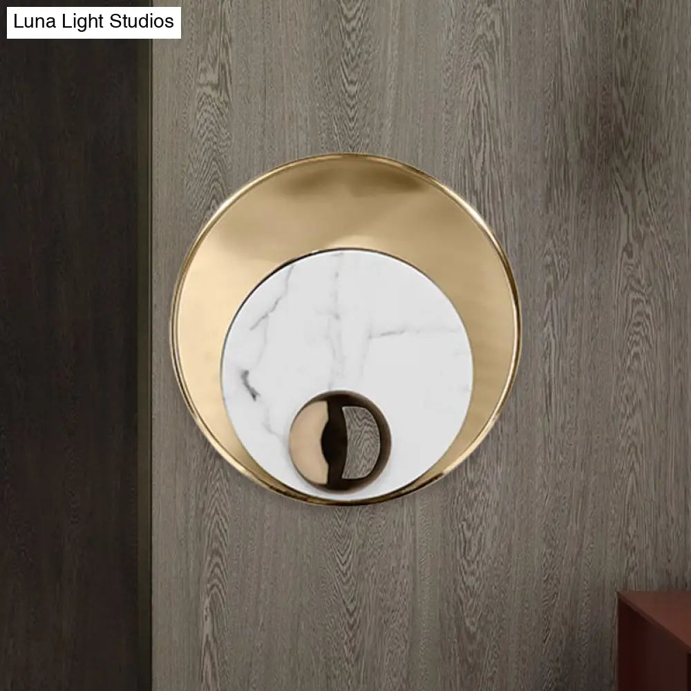 DecorBites™ Modernist LED Sconce Lighting: Round Marble, White/Black Wall Lamp with Gold Metal Backplate