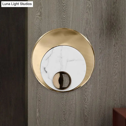 DecorBites™ Modernist LED Sconce Lighting: Round Marble, White/Black Wall Lamp with Gold Metal Backplate