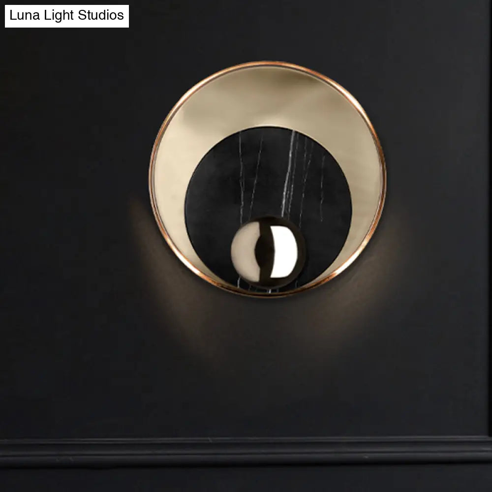 DecorBites™ Modernist LED Sconce Lighting: Round Marble, White/Black Wall Lamp with Gold Metal Backplate