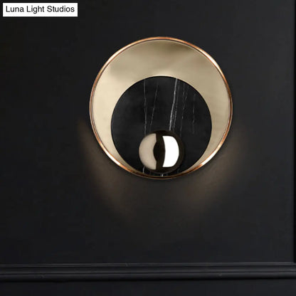 DecorBites™ Modernist LED Sconce Lighting: Round Marble, White/Black Wall Lamp with Gold Metal Backplate