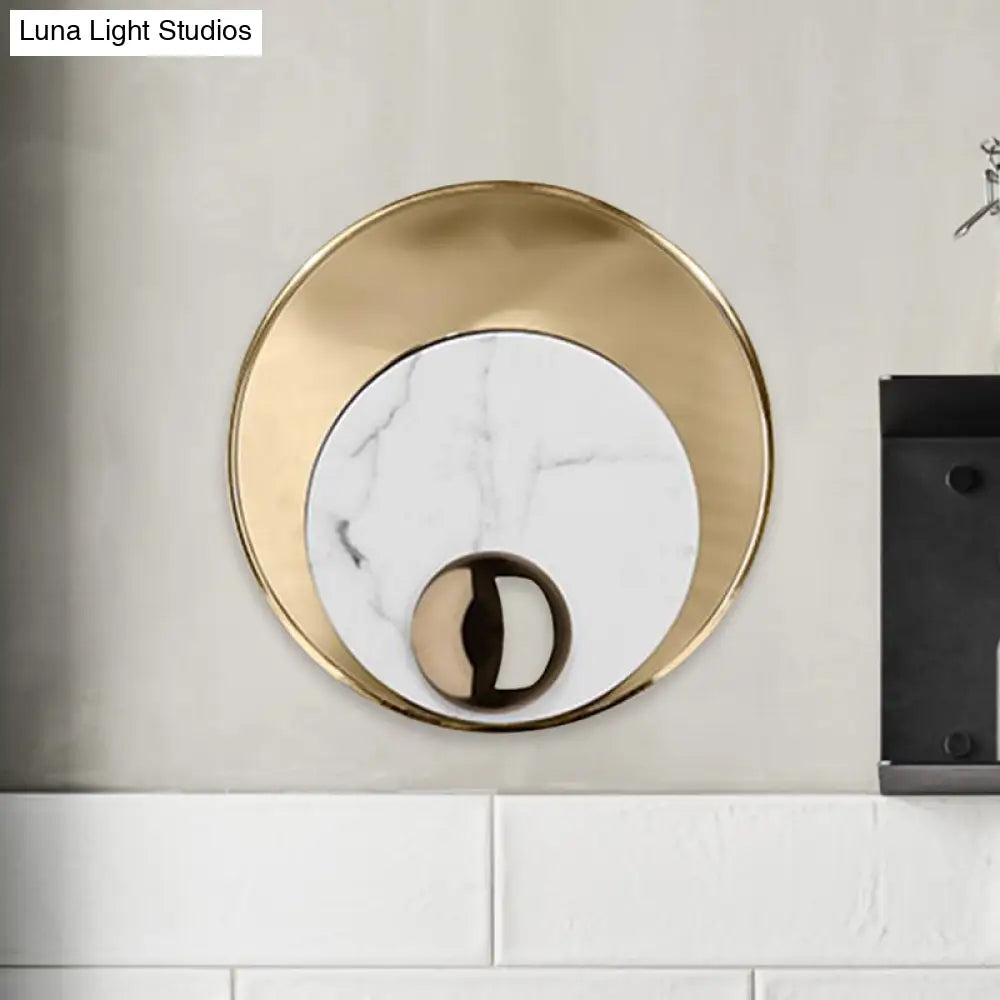 DecorBites™ Modernist LED Sconce Lighting: Round Marble, White/Black Wall Lamp with Gold Metal Backplate
