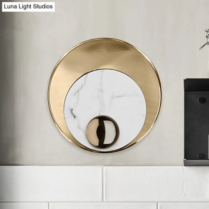DecorBites™ Modernist LED Sconce Lighting: Round Marble, White/Black Wall Lamp with Gold Metal Backplate