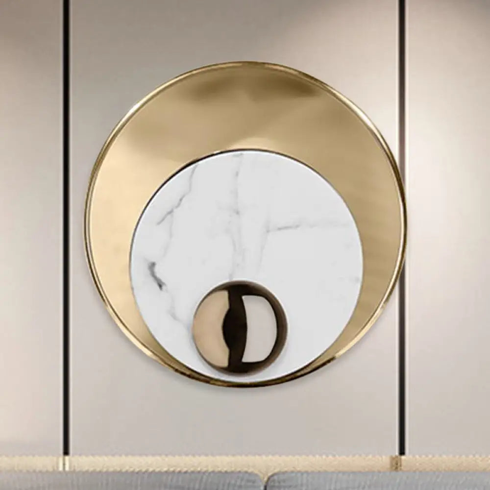 DecorBites™ Modernist LED Sconce Lighting: Round Marble, White/Black Wall Lamp with Gold Metal Backplate