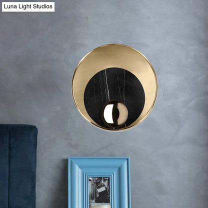DecorBites™ Modernist LED Sconce Lighting: Round Marble, White/Black Wall Lamp with Gold Metal Backplate