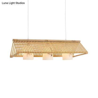 DecorBites™ Modernist Linear Island Lighting Wood 3-Light Dining Room Lamp with White Glass Shade in Beige/Brown