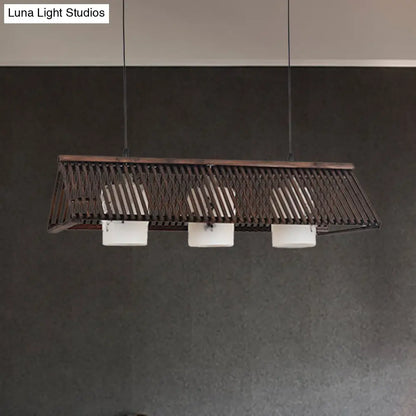 DecorBites™ Modernist Linear Island Lighting Wood 3-Light Dining Room Lamp with White Glass Shade in Beige/Brown