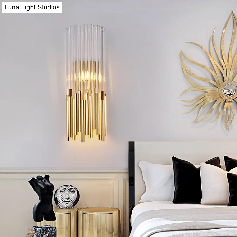 DecorBites™ Modernist Metal LED Wall Sconce Light with Crystal Prism: Cylinder Wall Fixture in Brass/Gold