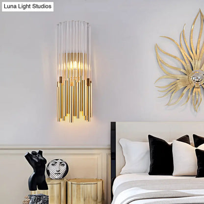 DecorBites™ Modernist Metal LED Wall Sconce Light with Crystal Prism: Cylinder Wall Fixture in Brass/Gold